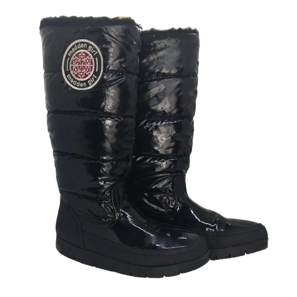 Madden Girl Womens Preowned Shiny Black Tall Insulated Lined Winter Boots-sz. 7M